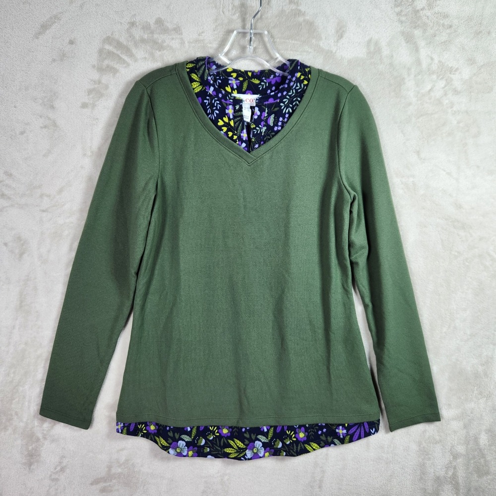 Denim & Co Top Womens XXS Olive Green Floral Hem Heavenly Jersey 2Fer A619117